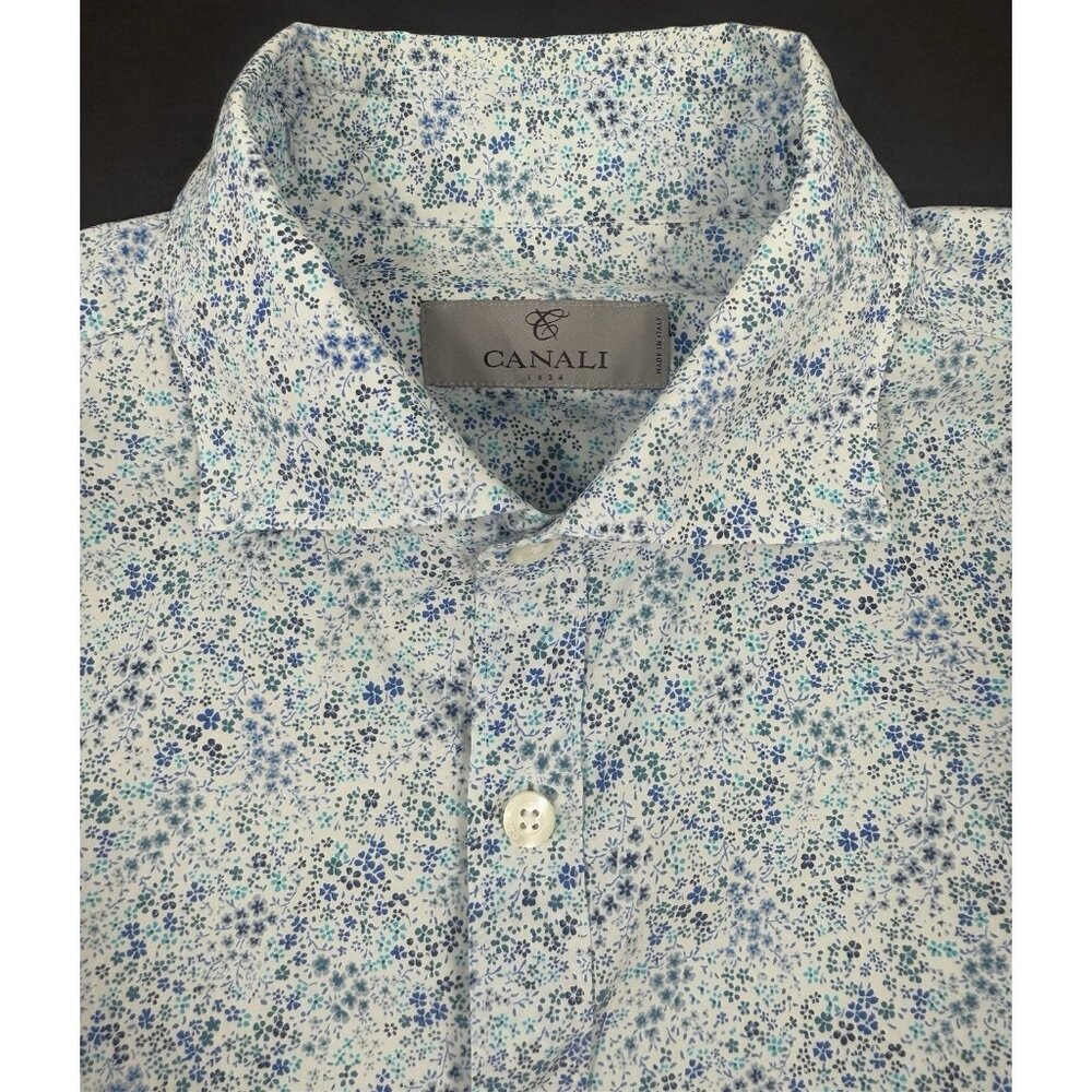 Canali Shirt Mens Floral Long Sleeve Size XL Button Front Blue Made In Italy